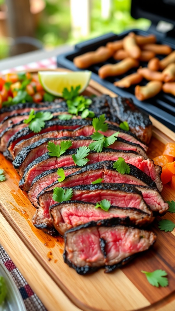 Sliced grilled flank steak garnished with cilantro on a platter, with lime wedges and salsa.